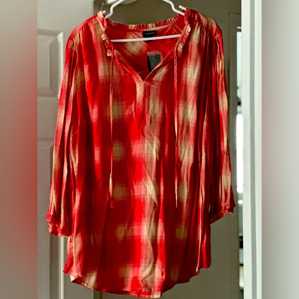 Torrid long sleeve coral plaid blouse